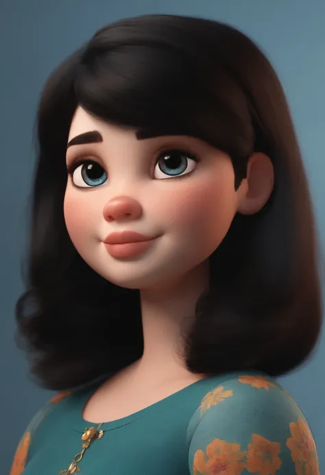 Make a chubby girl with straight black halved hair Pixar style