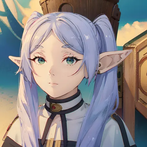 Masterpiece, 1 girl, elf ears, green eyes, white hair, twintails