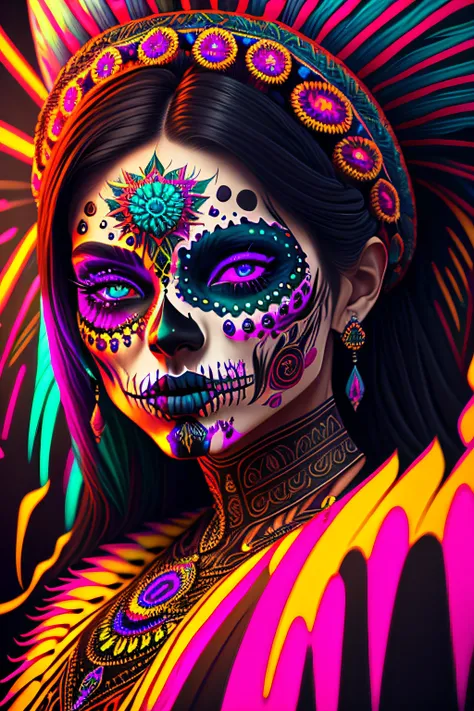 in a psychedelic style a representation of the Day of the Dead on a multiple female face, magnificent and detailed. Lots of texture and an whirlwind explosion of dark colored powder in the background, 8k