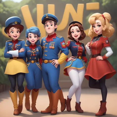 Banda Marcial, com muitas pessoas em volta, uniforme preto e amarelo, nome BAMDS, estilo Disney pixar