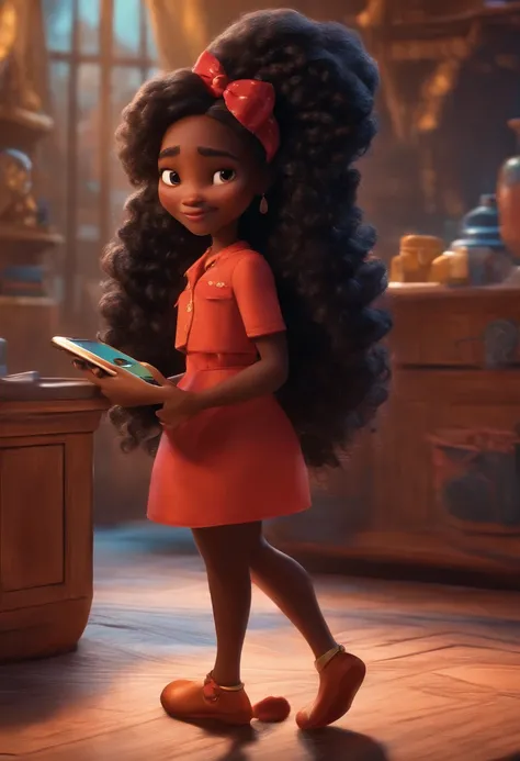 personagem da disney pixar, Menina negra de cabelos cacheados na roupa preta segurando um celular