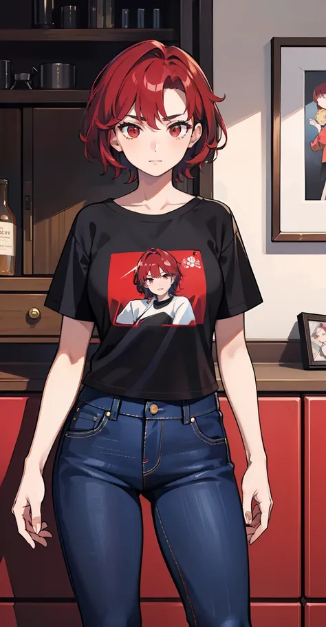 1girl, masterpiece, lady_nagant, short hair, red hair,  red eyes, happy, black shirt , jeans