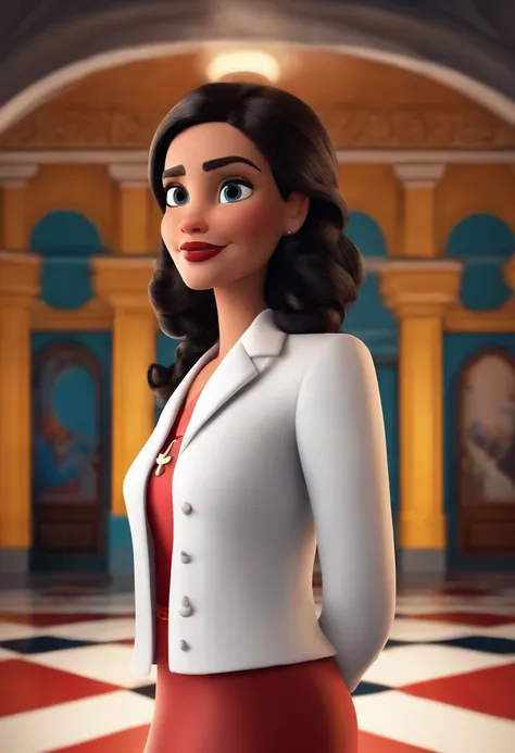 create a 3D movie poster inspired by Disney Pixar, The scene should be in Pixars signature digital art style, com uma imagem caricata de uma mulher branca com cabelo preto e liso, Medium Size, A speech therapists white coat wearing a room in a room with wh...