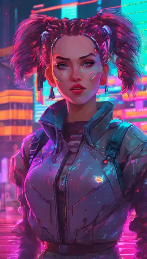 singing android, girl with ponytails, neon lights, gray rainy sky