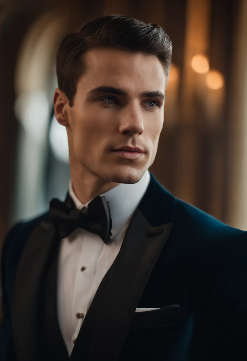 head and shoulders portrait of a handsome man with short hair wearing a tuxedo in a ballroom