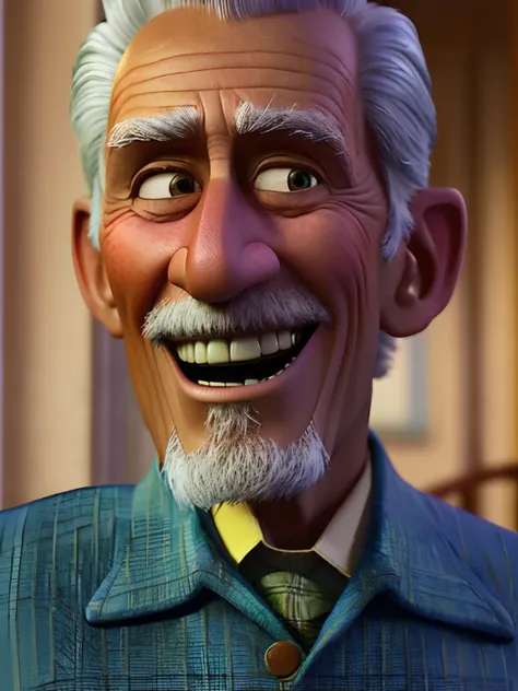 Pixarstyle A waist-high portrait of an elderly man with social clothes, smile, natural skin texture, 4K textures, HDR, intricate, highly detailed, sharp focus, cinematic look, hyper-detailed