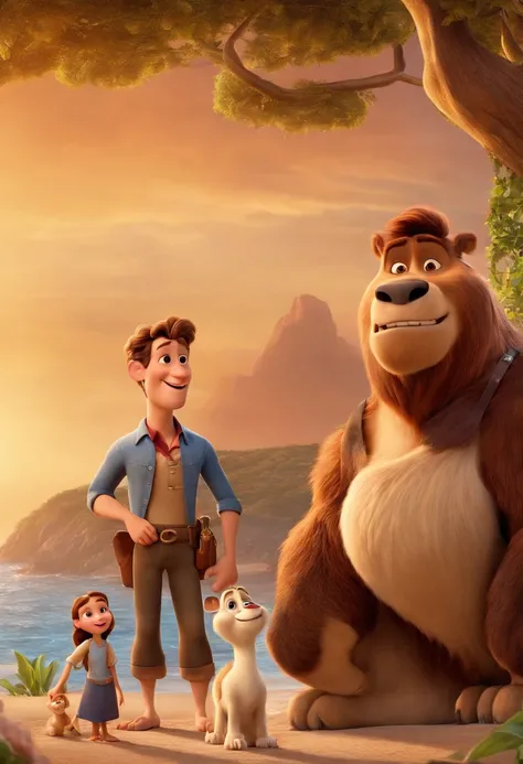 a Disney Pixar movie poster showing a white-skinned family. The father is the tallest, Tem barba curta, loiro, cabelos curtos e espinhosos. The mother has brown eyes and hair, shoulder-length and is slightly overweight. A menina tem 4 anos e cabelos castan...