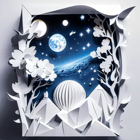 papercraft image, monochromatic white, all white, no colour, satellite in space, over earth, stars, satellite with solar panels