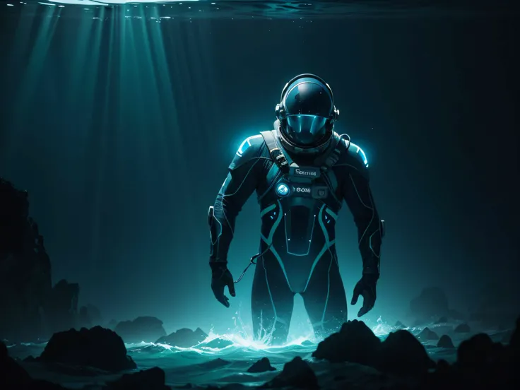 An astronaut swimming in the ocean, with their spacesuit glowing in the darkness in a digital illustration style, reminiscent of the works of Alex Andreev. The scene depicts the astronaut, weightlessly navigating through the deep blue ocean, their suit ema...