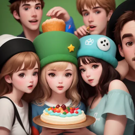 create Pixar-style art with multiple people wearing various types of hats and eating Pastel and Jesus in the background, written Hat Party, Christ at the Head!