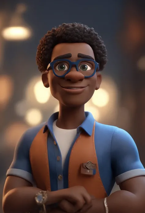 Cartoon character of a black man with gray glasses, cabelo crespo baixo marrom escuro e uma camisa azul, animation character, Caractere estilizado, animation style rendering, 3D estilizado, Arnold Maya render, 3 d render stylized, toon render keyshot, Pers...