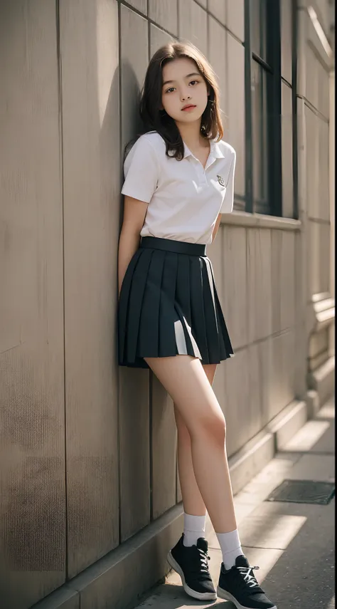 16 year old pre teen, tiny pleated skirt, leaning against wall with legs open, ray tracing, hdr