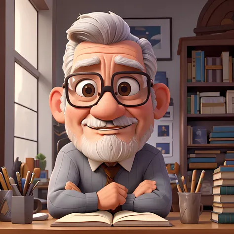 velho, inspirado na Disney Pixar, Inspirado pelo pastor ( Rubens Janeiro ) A gray-haired man wearing glasses in an office with a book on the table looking to the serious future, old man, cabelos grisalhos, um terno