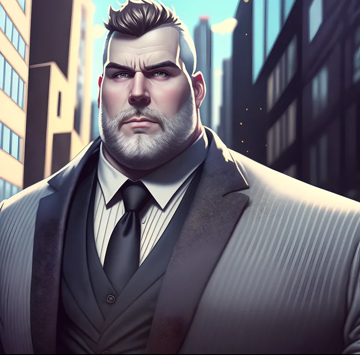 Pixar style fat 35 year old white man bald beard and suit with a background of buildings