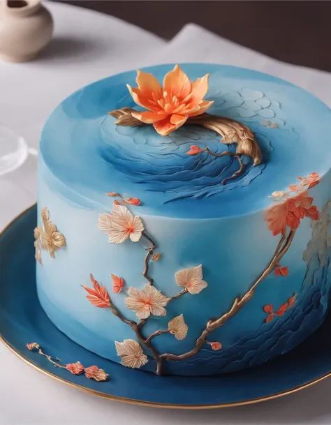 A cake made of chocolate and cream, High-quality carved marine colors, Blue Jupiter gas swirls like sand, swirling sand and foam, Blue bubble swirl, marbled swirls, The texture is like sand, The cake rolls are decorated with autumn leaves and squirrels，It ...