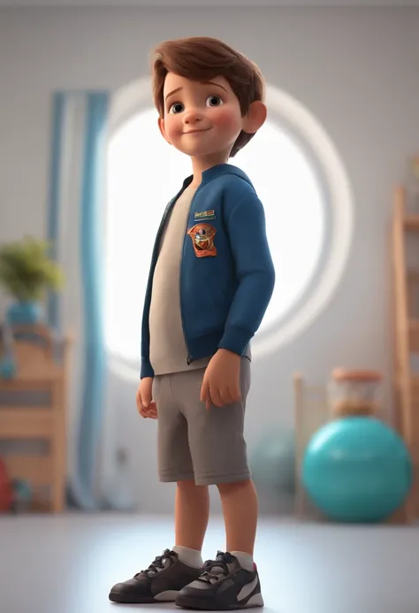 a happy cute kid standing short hair, vestindo uma fantasia espacial, , fundo branco, barnet, tom, Estilo Pixar, ..3d, desenhos animados, rosto detalhado, asymmetrical 16k