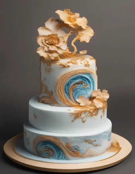 A cake made of chocolate and cream, High-quality engraving of marine colors, Blue Jupiter gas swirls like sand, swirling sand and foam, Blue bubble swirl, marbled swirls, The texture is like sand, The cake rolls are decorated with autumn leaves and squirre...