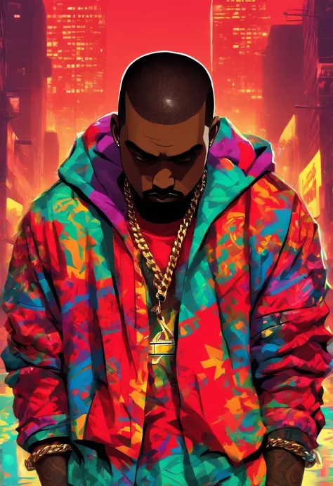 kanye west , pelos ruivos, cabelo vermelho, cavanhaque vermelho, jaqueta vermelha, folded arms , estilo hip hop, estilo gta 5,chain in the neck , senario cidade de los santos.