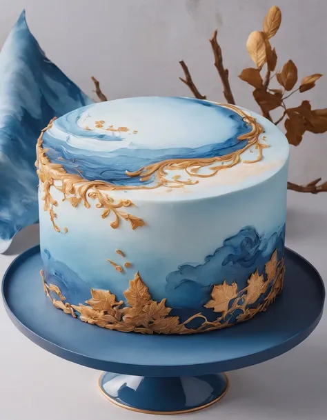 A cake made of chocolate and cream, High-quality engraving of marine colors, Blue Jupiter gas swirls like sand, swirling sand and foam, Blue bubble swirl, marbled swirls, The texture is like sand, The cake rolls are decorated with autumn leaves and squirre...