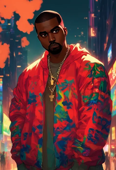 kanye west , pelos ruivos, , cavanhaque vermelho, jaqueta toda vermelha, folded arms ,tatooado, estilo hip hop, estilo gta 5,chain in the neck , senario cidade de los santos.