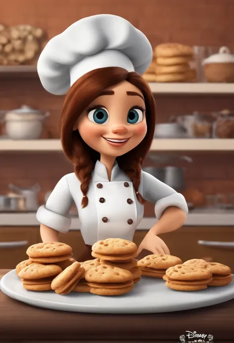 Create a Disney Pixar Poster.  Uma mulher chef de cozinha, com cabelos cor castanho claro na altura do ombro, com sorriso feliz, olhos castanhos pequenos. Ela usa brincos pequenos. Ela esta fazendo biscoitos em uma confeitaria. Ela usa um vestido preto com...