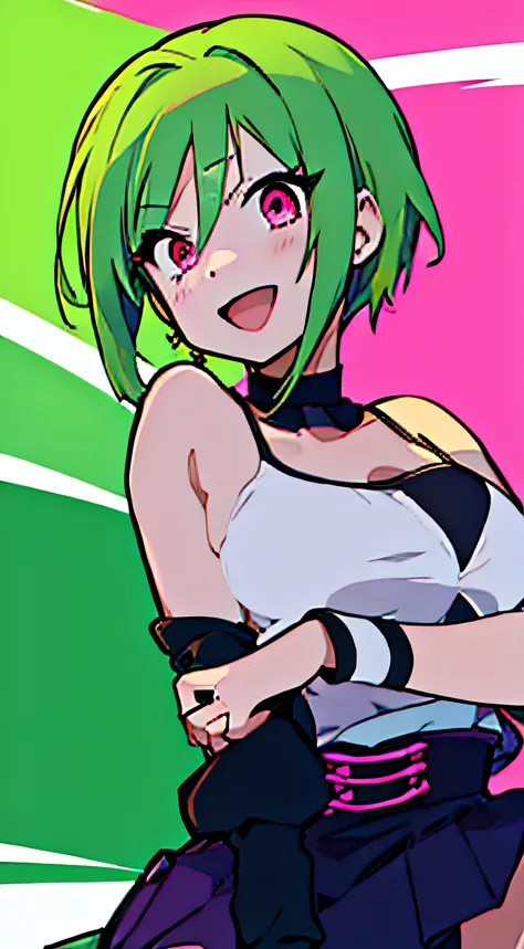 anime girl with short green hair and pink eyes wearing kpop clothes no background