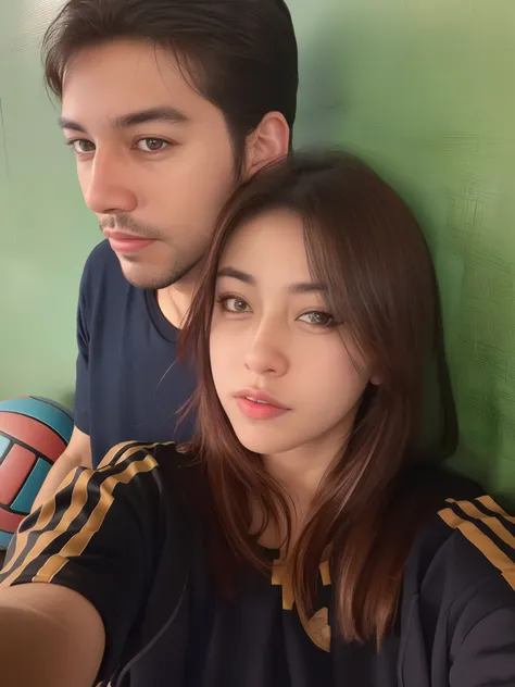 Theyre sitting next to each other and holding a basketball, imagem de qualidade muito baixa, Fotografia selfie 8k, Retrato tirado 8 K, they are very serious, Tomado com Sony Alpha 9, fotografia, foto de baixa qualidade, Looking at camera!!!, retrato!!!!!!,...