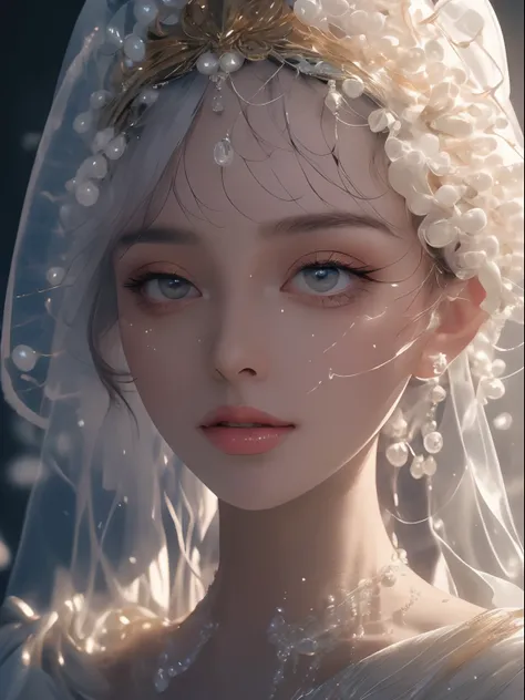 a close up of a woman wearing a white pearl veil and a gold head piece, stunning digital illustration, 4k highly detailed digital art, beautiful digital artwork, arabian beauty, beautiful digital illustration, 8k stunning artwork, 8k high quality detailed ...