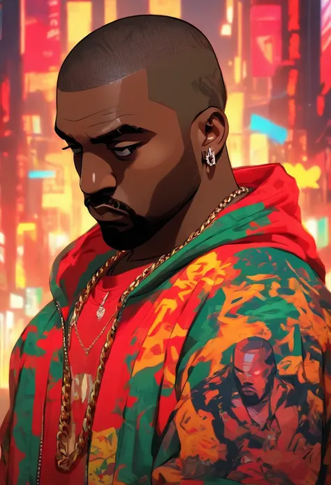 kanye west , pelos ruivos , corte de cabelo vermelho, jaqueta toda vermelha, folded arms ,tatooado, estilo hip hop, estilo gta 5,chain in the neck , cenario cidade de los santos.