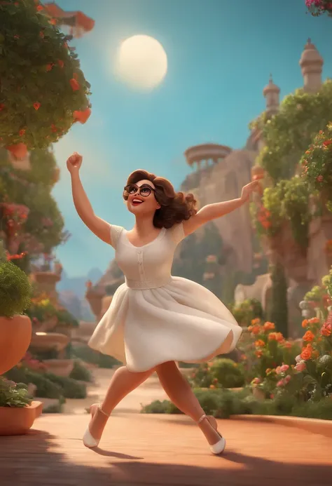 "(best quality,ultra-detalhado,Realistic:1.37),3D rendering,illustration,design de personagens,cabelos curtos e cacheados escuros,belos olhos detalhados,wearing white glasses,Estilo Pixar,morena mulher,Dancing on the Disney stage,atmosfera animada,vivid co...