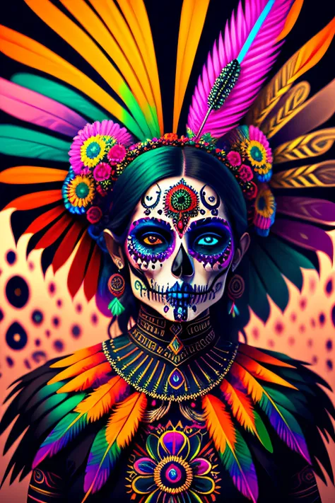 in a psychedelic style a representation of the Day of the Dead on a multiple female face, with feathers ,magnificent and detailed. Lots of texture and an whirlwind explosion of dark colored powder in the background, 8k