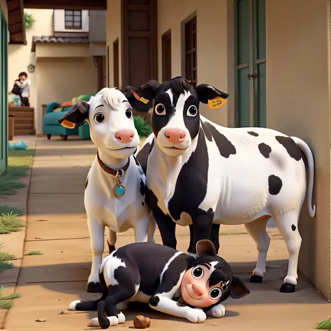 A couple hugging each other and with four dogs flipping strays on the ground, I also add a small white and black cow, uma faixa na imagem dizendo creche do tio Ronald