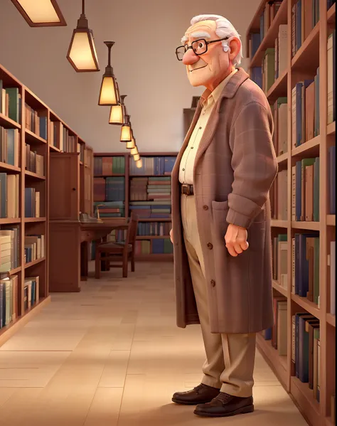 A wise old man standing in front, illuminated by the light of a lamp, against the backdrop of a library