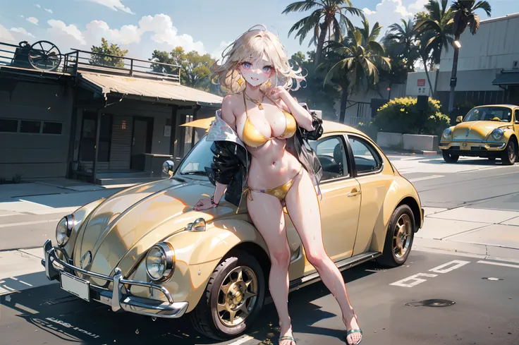 1 beauty, (Light Purple Eyeshadow),Platinum Blonde Perm Hair、(broad shoulders:1.4)、(Smaller face)、(pointed breast:1.6)、Model body type:1.2、Sharp eyes、Watery Big Eyes、(A mischievous smile:1.2)、Biker Jacket、 ((Light Gold Bikini Swimsuit:1.4)),(wet and dishev...