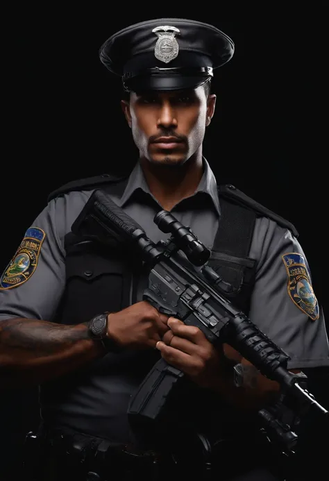 Creating a man around 30 years old with light brown skin, dark brown hair, and dark brown eyes, dressed in a gray Brazilian police uniform, holding a rifle, wearing a French beret, and sporting tattoos that cover the entire length of his right arm. This ma...