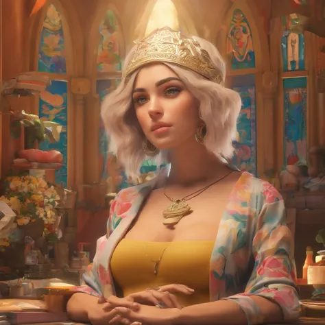 artisan, ear piercing, tattoos, blonde, short Chanel hair, scissors, glue, table, chair is a hammock, evas, chubby, milk glass tattoo on the arm, Our Lady of Aparecida