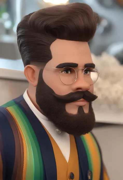 A Dream Barber Inspired by Pixar Animation, de perto. The character takes center stage with captivating facial expressions, oferecendo um toque de irrealidade, Cabelo curto e gordinho gradiente