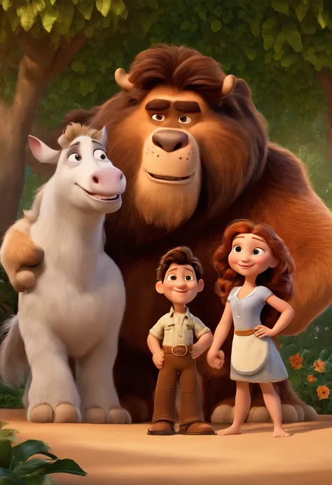 a Disney Pixar movie poster showing a white-skinned family. The father is the tallest, Tem barba curta, loiro, cabelos curtos e espinhosos. The mother has brown eyes and hair, shoulder-length and is slightly overweight. A menina tem 4 anos e cabelos castan...