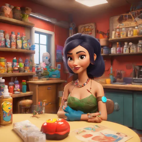 create a 3D movie poster inspired by Disney Pixar, The scene should be in Pixars signature digital art style, com uma imagem caricatural que lembra a cantora brasileira "Anita" in the prone position, Wearing a bikini while a tattoo artist is sitting tattoo...