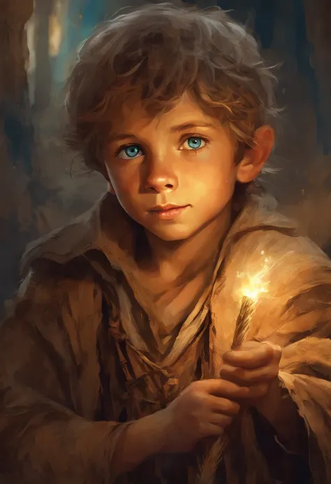 seven year old boy in ratty brown peasant clothes holding a piece of straw, dirty looking but with the brightest blue eyes, in slums, scare