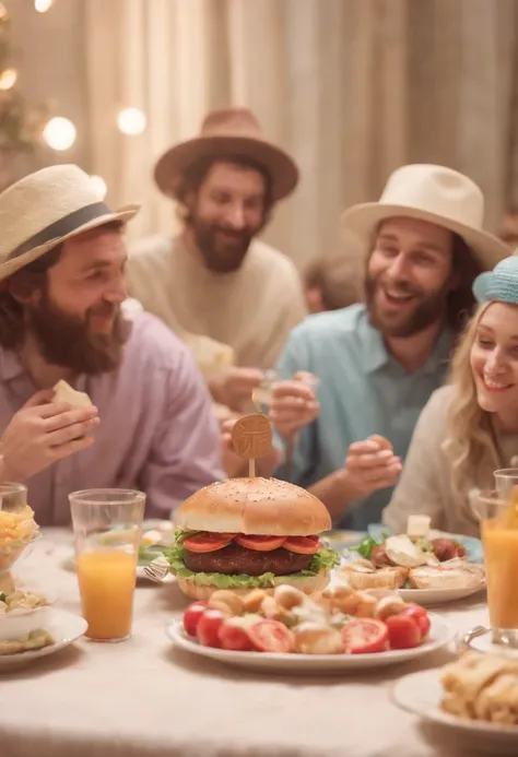 create a Pixar-style artwork with multiple people wearing various types of hats and eating Pastel and Jesus Christ in the background Blessing them at a Party