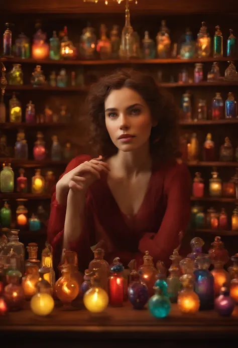 A collector of ideas inspired by Pixar animation, de perto. She is surrounded by a collection of magic vials, each containing a unique idea. The focus is on the character, with a captivating facial expression, Against a backdrop of shimmering, cores eferve...