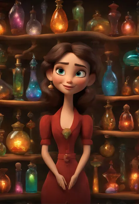 A collector of ideas inspired by Pixar animation, de perto. She is surrounded by a collection of magic vials, each containing a unique idea. The focus is on the character, with a captivating facial expression, Against a backdrop of shimmering, cores eferve...