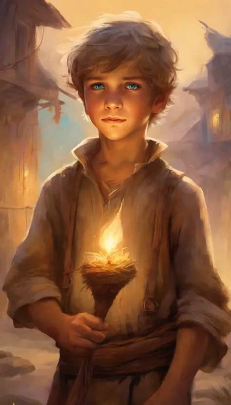 seven year old boy in ratty brown peasant clothes holding a straw in his hand, dirty looking but with the brightest blue eyes, in slums, scare