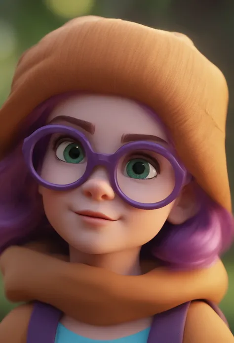 personagem dos desenhos animados de um menina branca, magra, cabelos castanhos cacheados, olhos verdes, with purple glasses and a blue shirt, animation character, Caractere estilizado, animation style rendering, 3D estilizado, Arnold Maya render, 3 d rende...