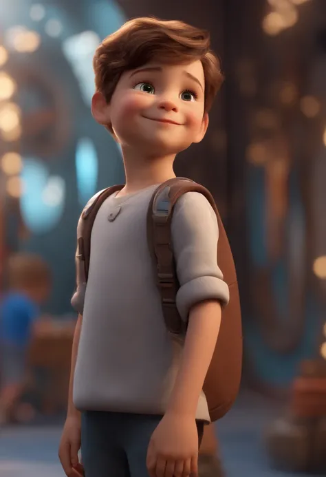 a happy cute kid standing short hair, vestindo uma fantasia espacial, , fundo branco, barnet, tom, Estilo Pixar, ..3d, desenhos animados, rosto detalhado, asymmetrical 16k