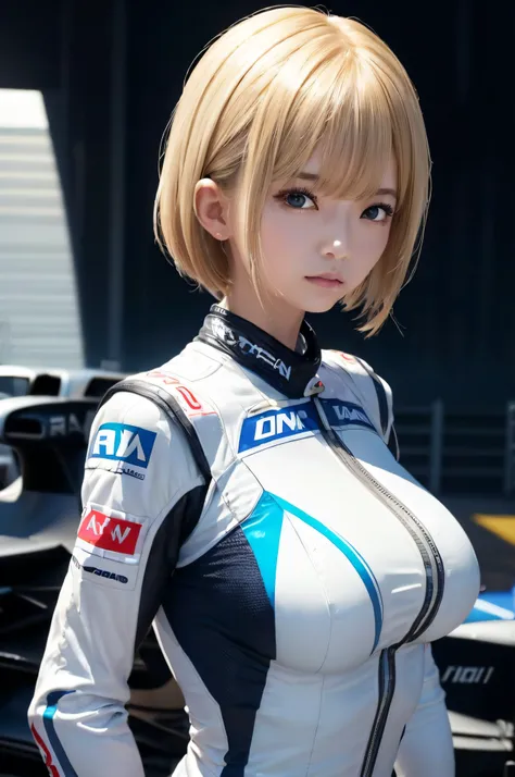 ((RAW image quality:1.4))、8K分辨率、Ultra-high-definition CG images、Japan female racer in white racing suit standing in front of a blue formula car　F1　circuit　a blond　Shortcut Hair　Monaco Grand Prix　standing with arms crossed　cleavage of the breast　Portrait　po...