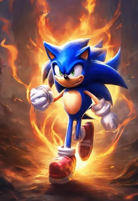 Sonic Running, with flaming background, giant skull with horns and glowing eyes