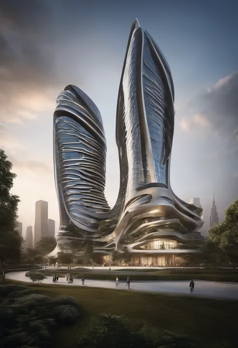 A tall building in a futuristic city designed by Zaha Hadid, Futuristic building, arquitetura moderna, imagination, a fusion between the future and the past, Sky Gardens, Hanging Gardens of Babylon, sustentabilidade, tecnologia do futuro, architectural cre...