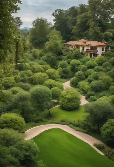 Green space view next to the house，There is an open-air area for residents to relax at the bend of the road，The changing roads give residents a visually different experience